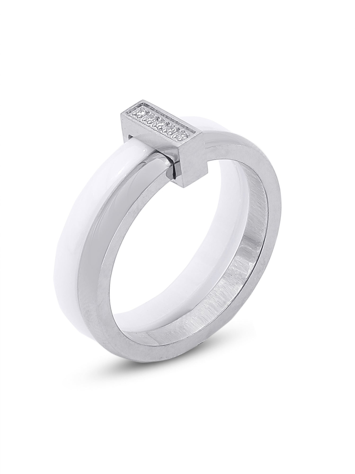 Enamel White & Silver Double Layered Stackable Ring with Cubic Zirconia