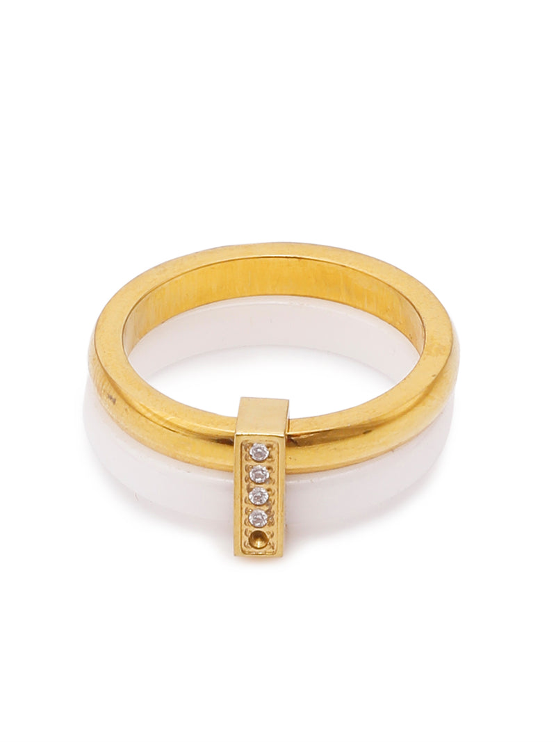 Enamel White & 18k Gold Plated Double Layered Stackable Ring with Cubic Zirconia