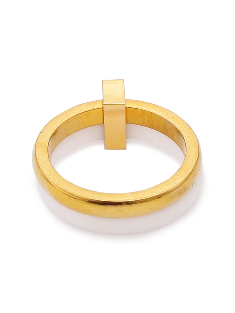 Enamel White & 18k Gold Plated Double Layered Stackable Ring with Cubic Zirconia