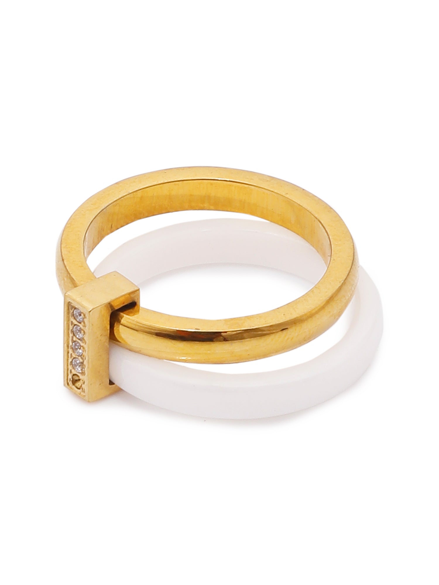 1pc 18k Gold Plated Stainless Steel Ceramic Cubic Zirconia Stackable Ring for Women