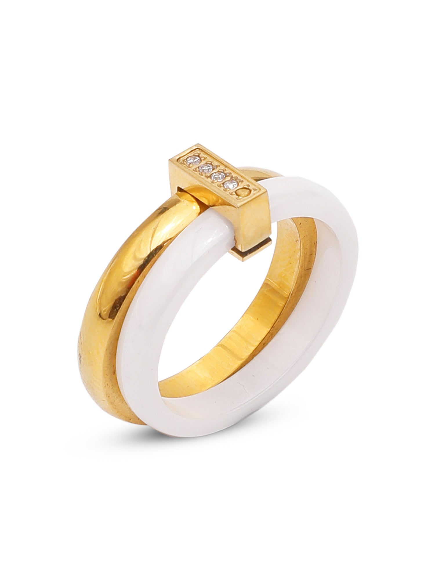 1pc 18k Gold Plated Stainless Steel Ceramic Cubic Zirconia Stackable Ring for Women