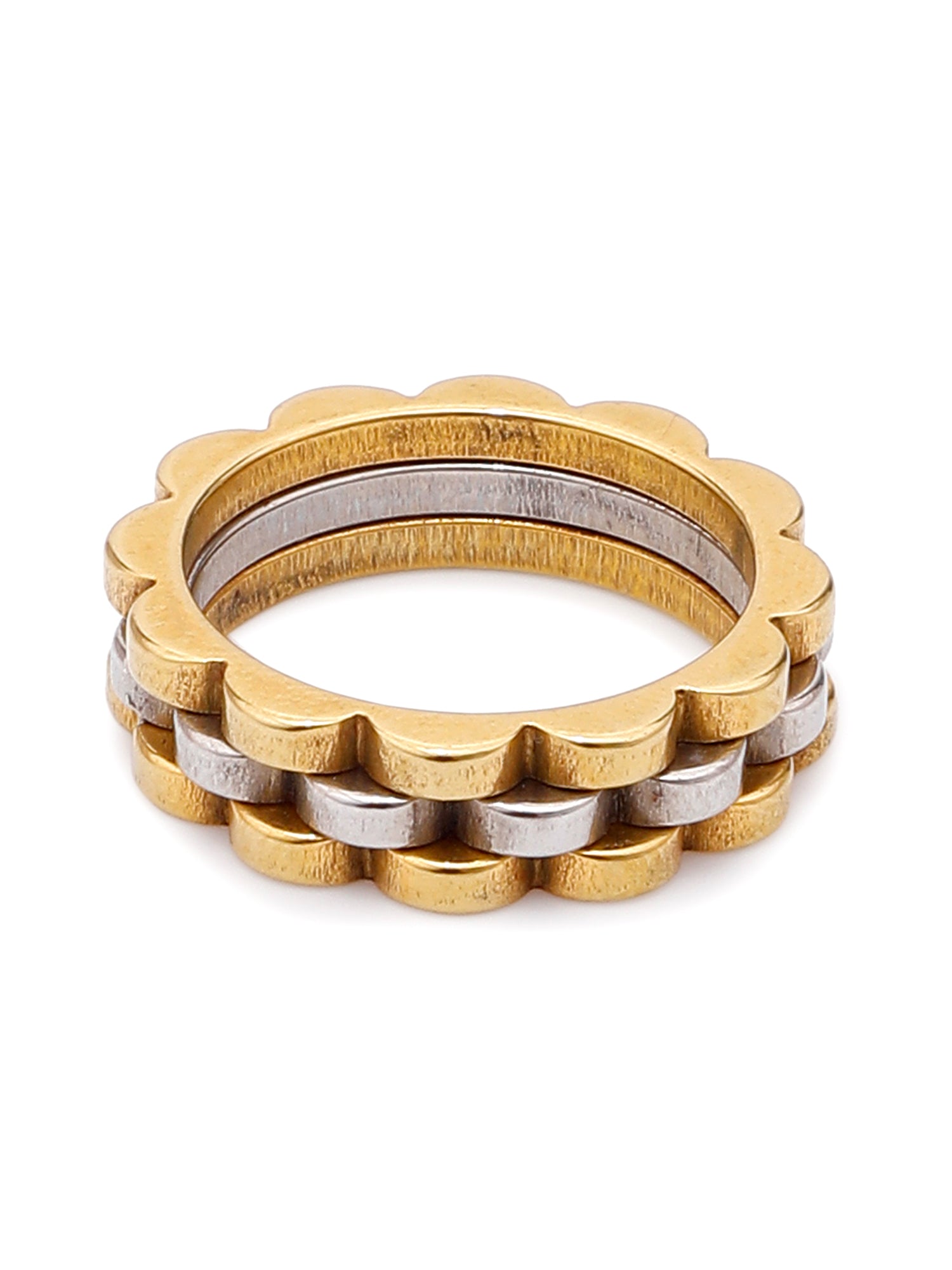 1pc Fashionable Stainless Steel Dual Layer Flower Shaped Ring in Two Tones