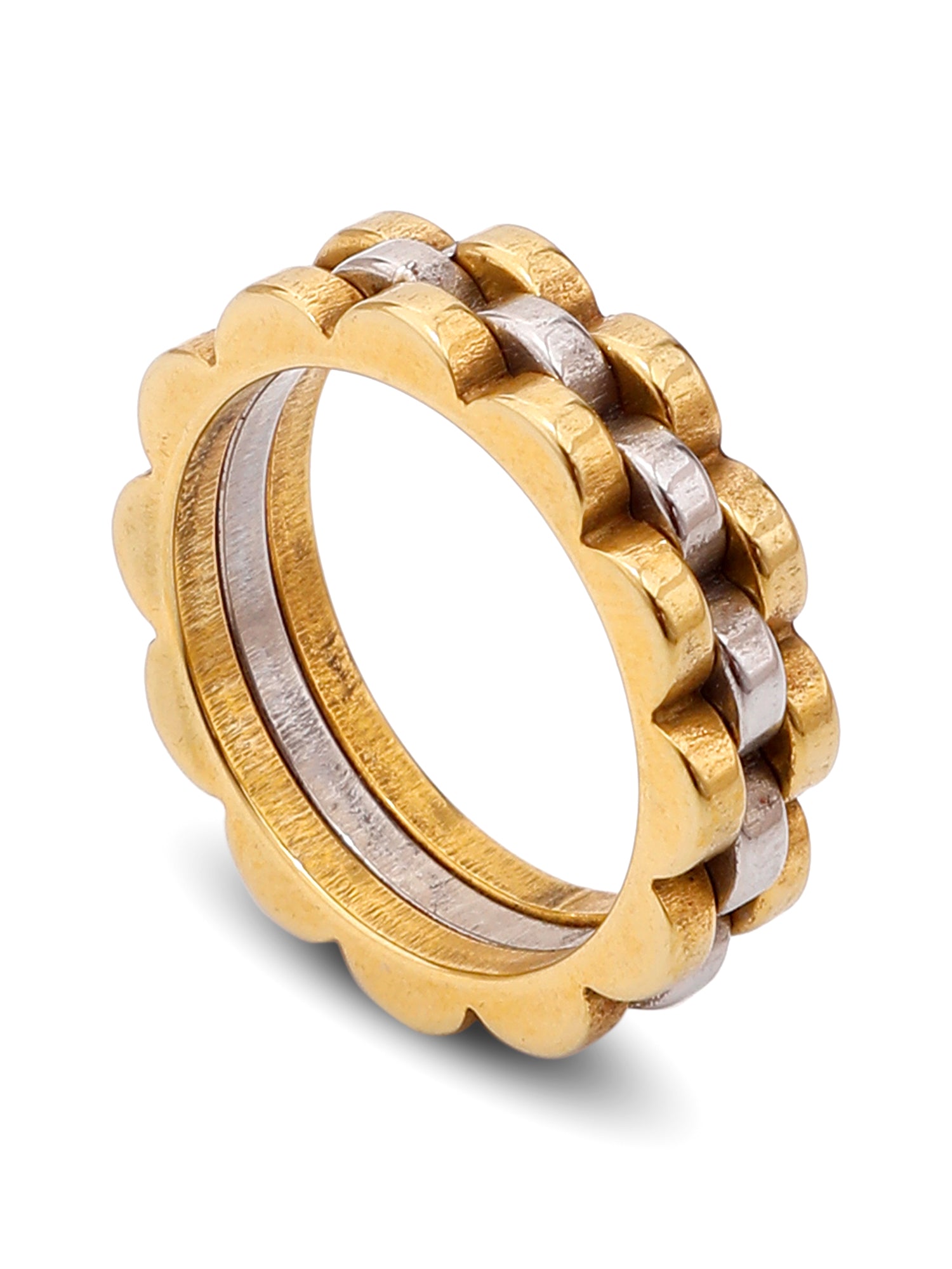 1pc Fashionable Stainless Steel Dual Layer Flower Shaped Ring in Two Tones
