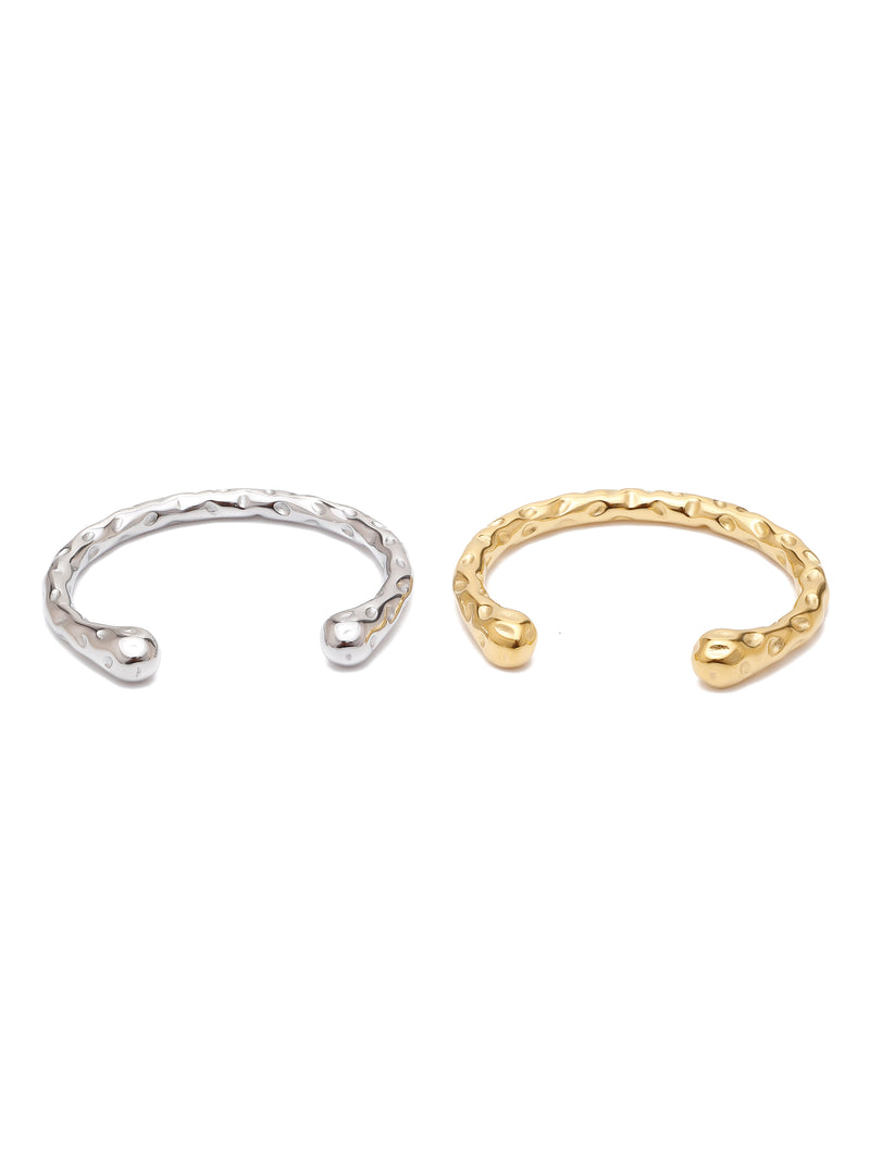18k Gold Plated Dual Tone Hammered Cuff Bracelet Set