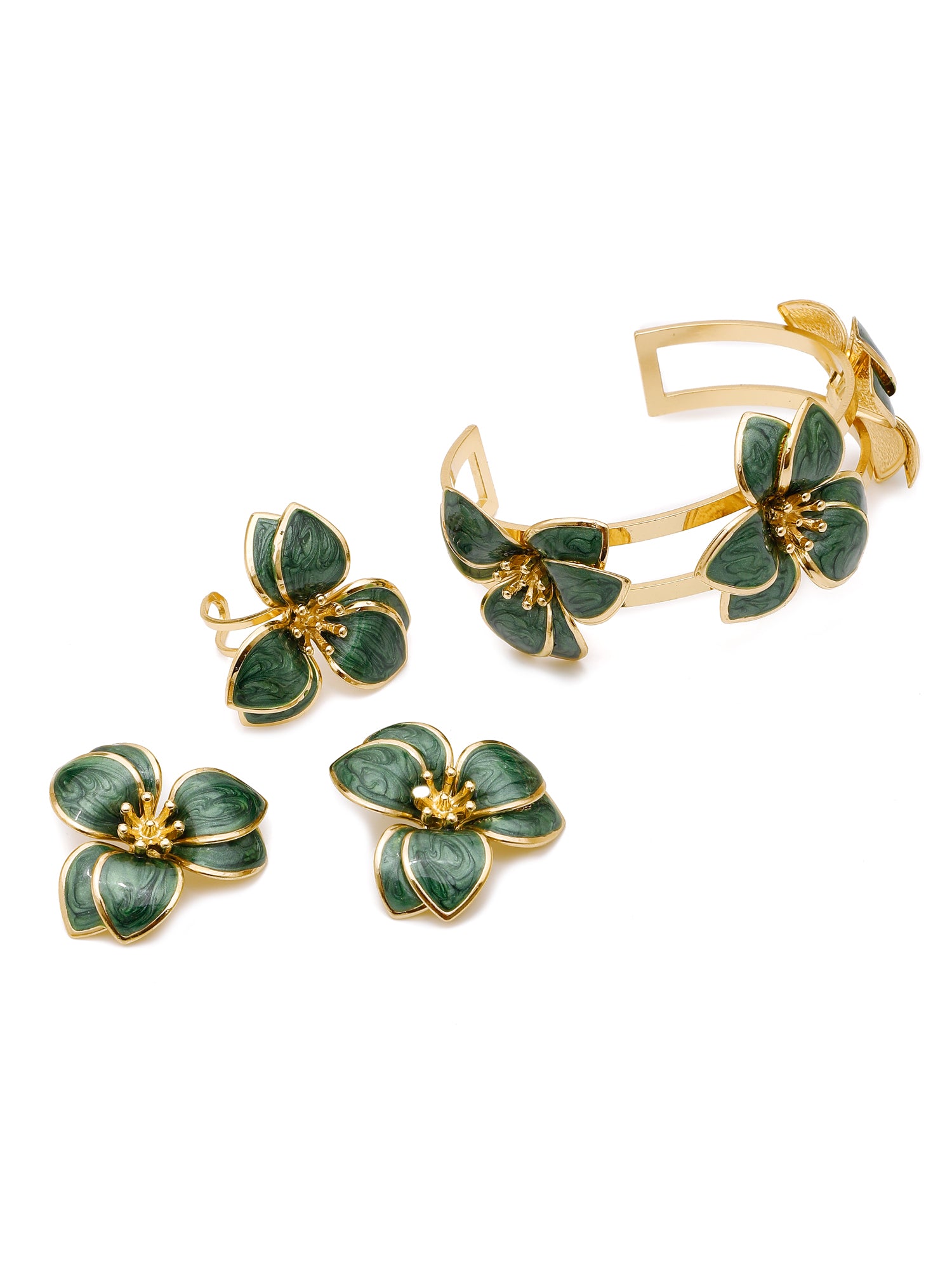 Green Enamel Floral Power Set – 3 Pc Statement Bracelet, Ring & Earrings Jewelry Set for Women
