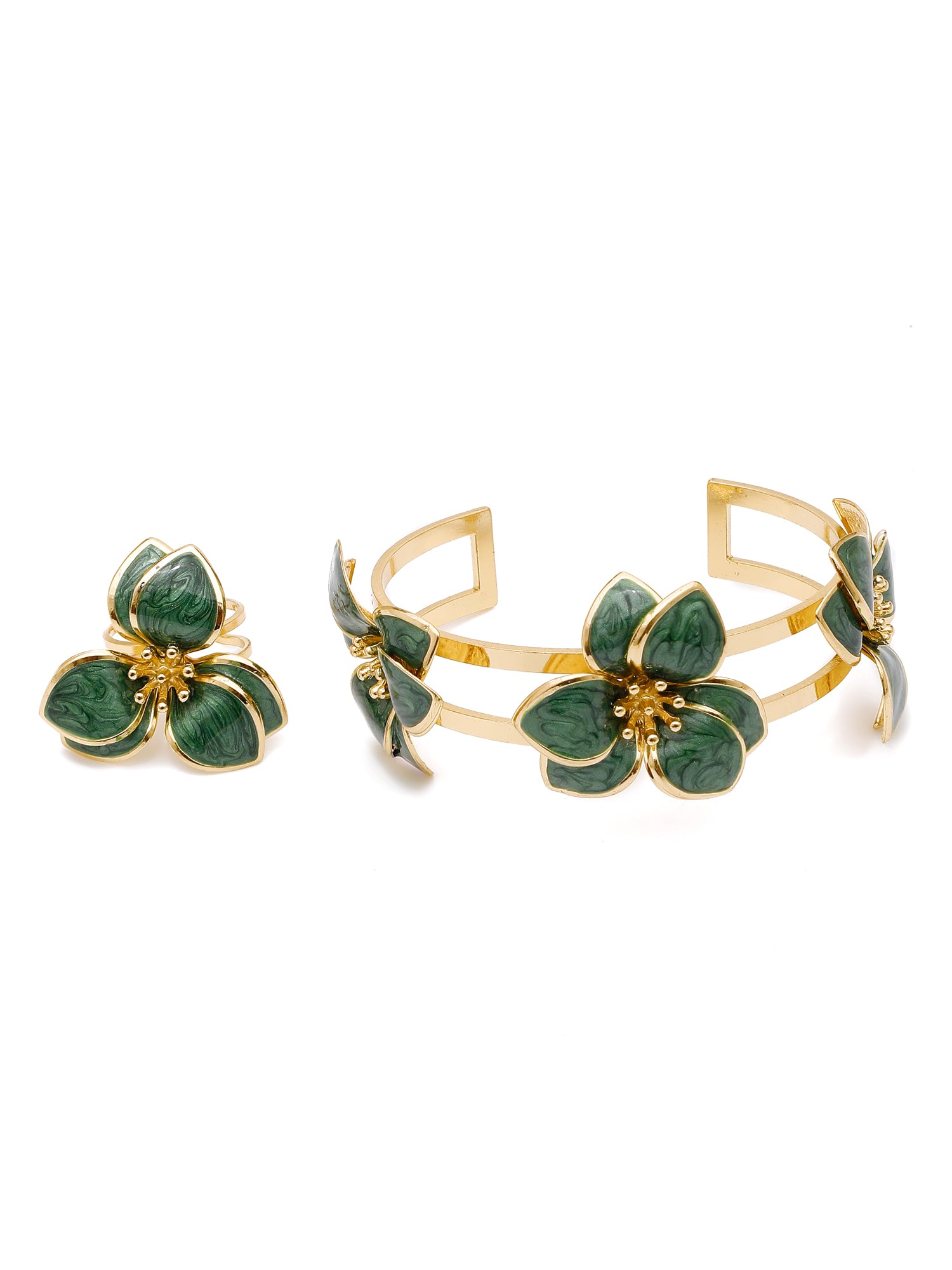 Green Enamel Floral Power Set – 3 Pc Statement Bracelet, Ring & Earrings Jewelry Set for Women