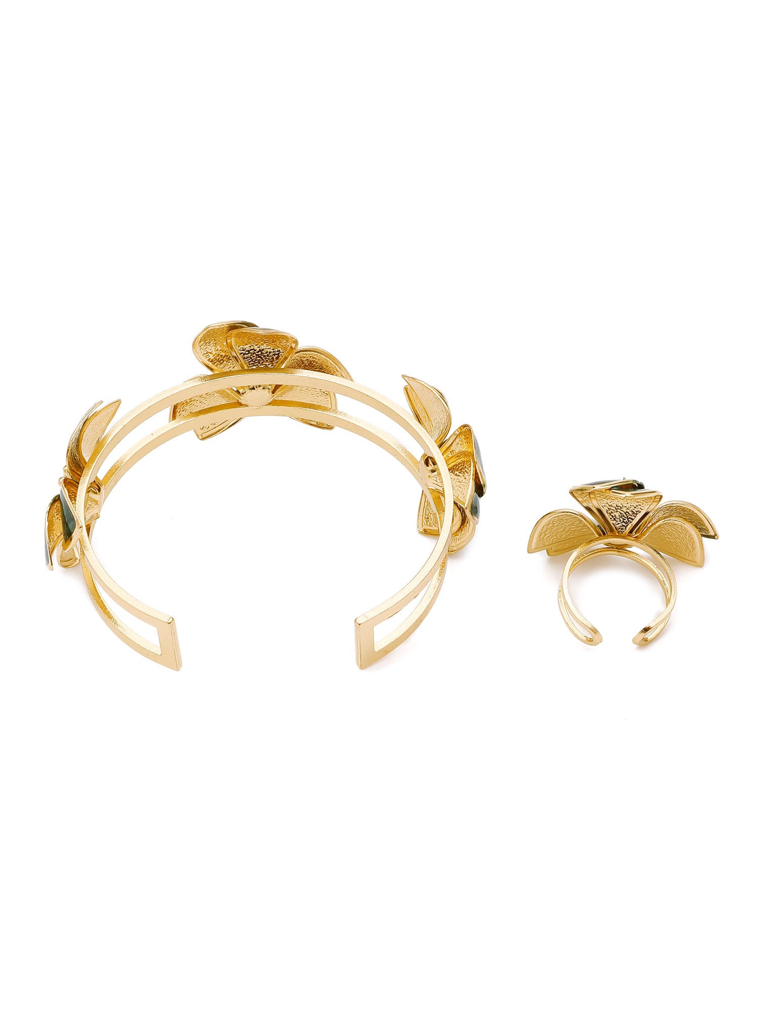 Green Enamel Floral Power Set – 3 Pc Statement Bracelet, Ring & Earrings Jewelry Set for Women