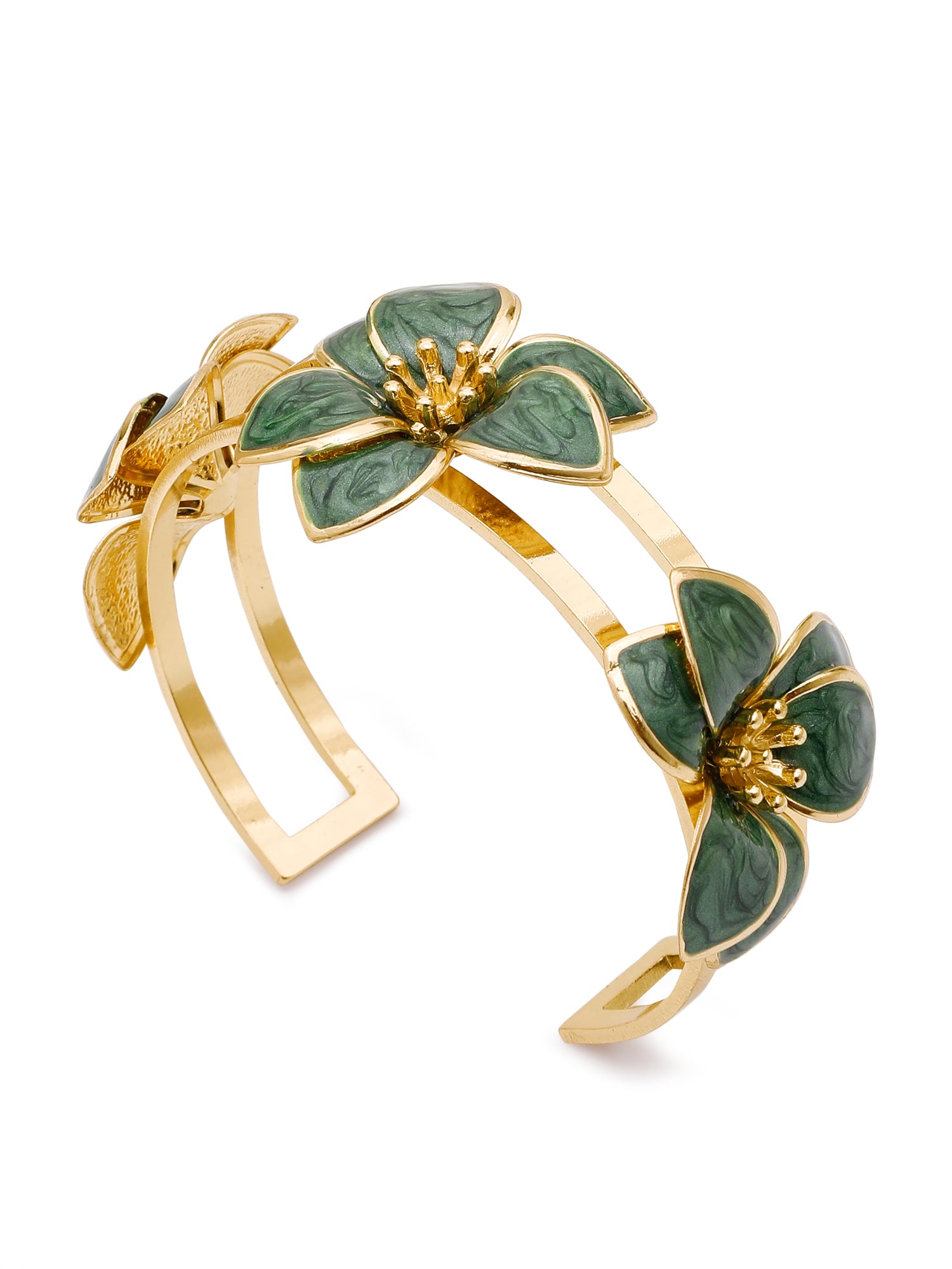 Green Enamel Floral Power Set – 3 Pc Statement Bracelet, Ring & Earrings Jewelry Set for Women