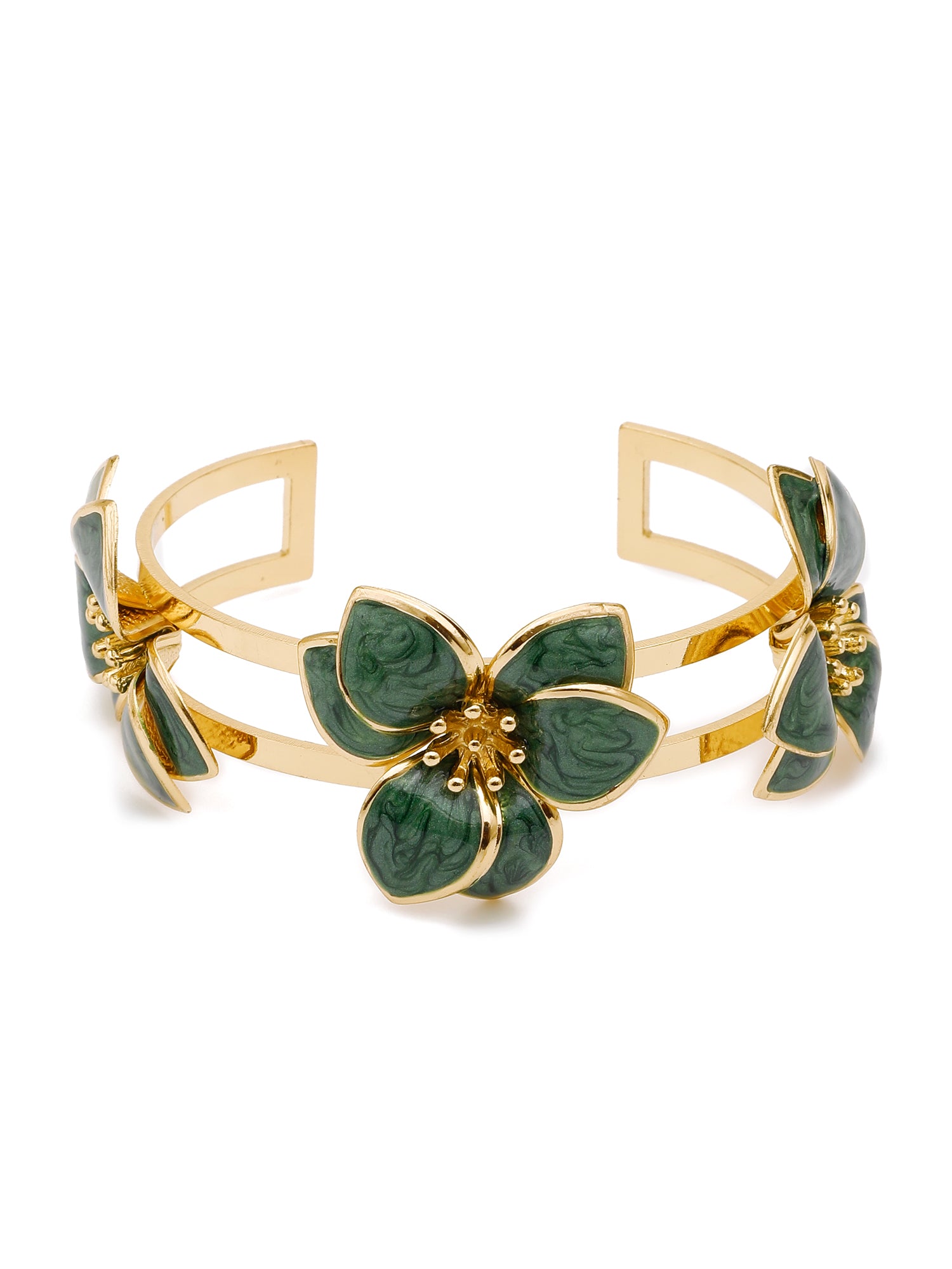 Green Enamel Floral Power Set – 3 Pc Statement Bracelet, Ring & Earrings Jewelry Set for Women