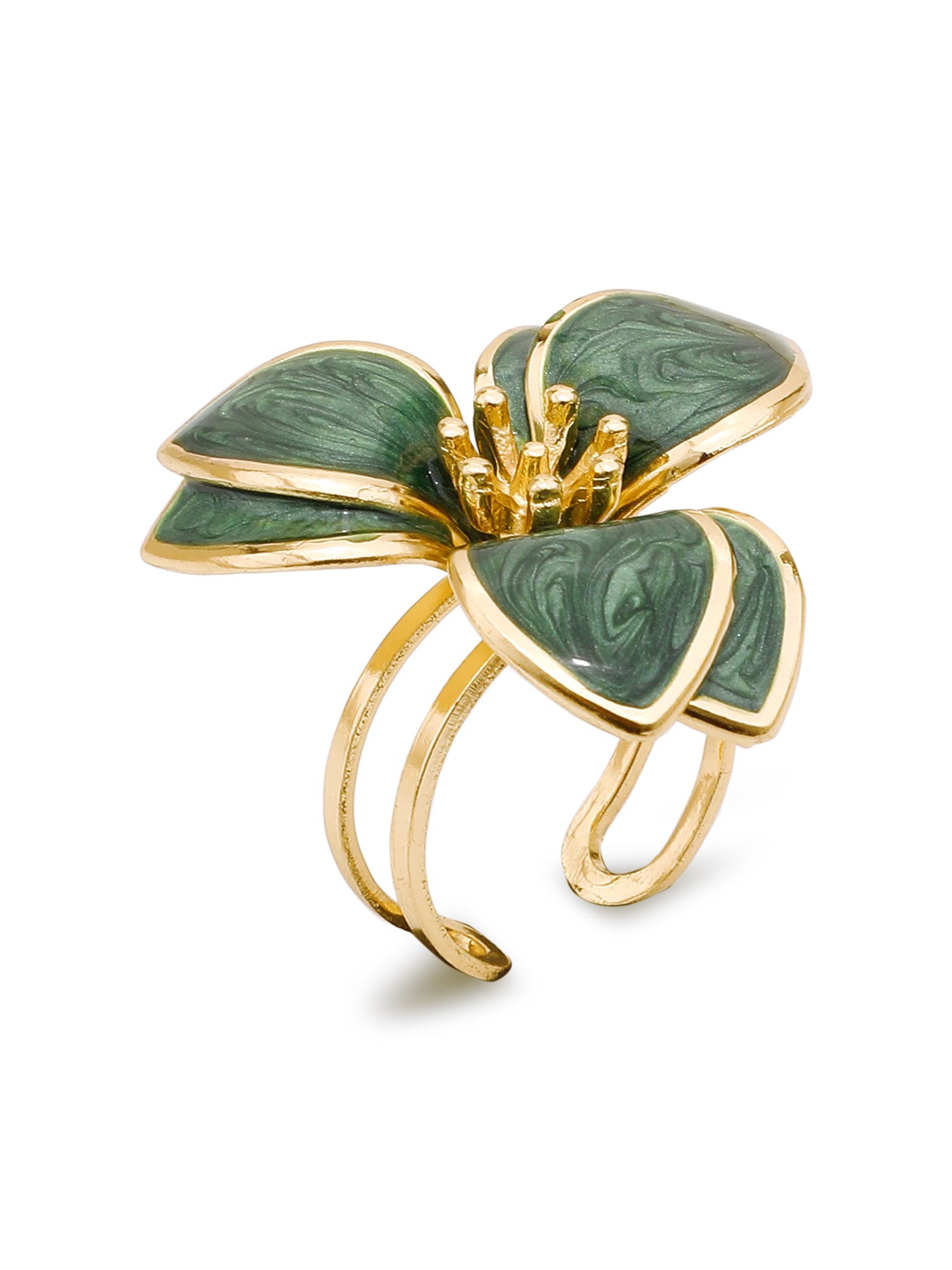 Green Enamel Floral Power Set – 3 Pc Statement Bracelet, Ring & Earrings Jewelry Set for Women