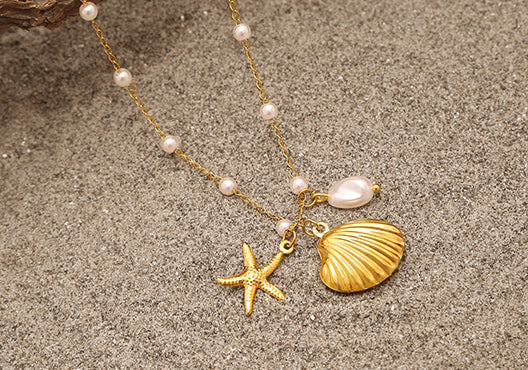 18k Gold Plated Starfish Shell Pearl Necklace for Women