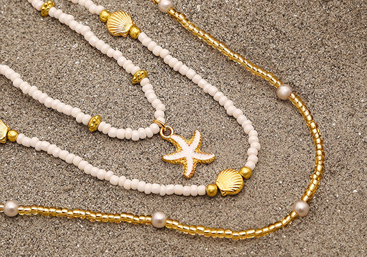 3 Pcs Rice Bead Starfish & Shell Layered Necklace Set