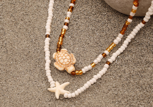 2 Pcs Beaded Layering Choker Set with Turtle & Starfish Charm