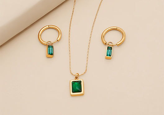 18k Gold Plated Emerald Green Rectangle Necklace & Earrings Set